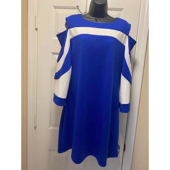 Elapsy Royal Blue & White Womens Mini Dress 3/4 Flare Sleeve Cold Shoulder Large - Picture 4 of 8